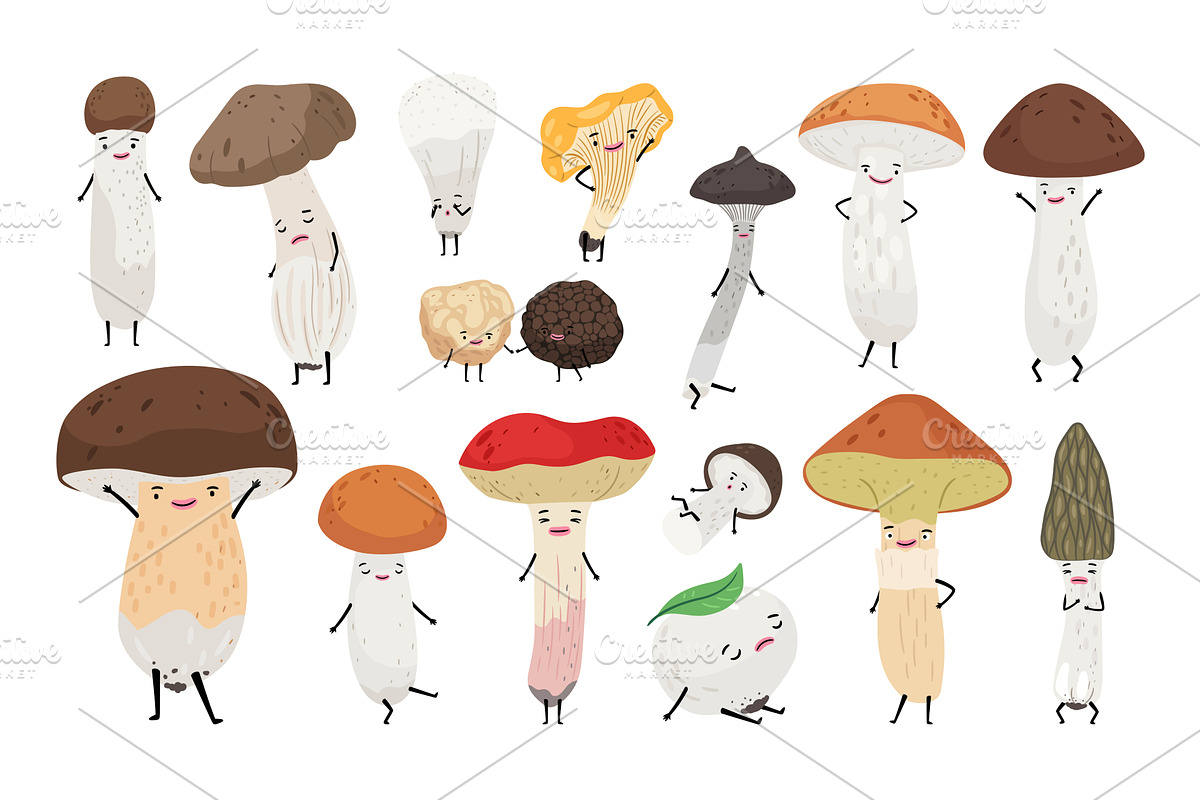 Cartoon forest mushrooms with eyes, an Illustration by Stock-Smart-Start