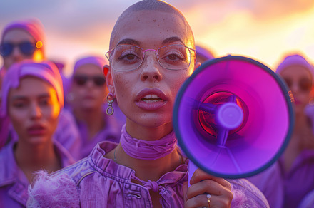 Empowering Woman Holding Megaphone at Sunset: Leadership and Unity in Lavender, a Photo by AS photostudio