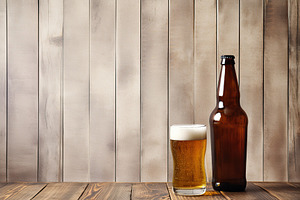 Bottle and glass of beer on wooden background, a Food & Drink Photo by AlyaAnd