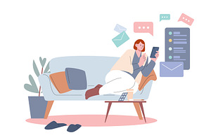 Sick woman working via smartphone, a Healthcare Illustration by Valerie Bodnar