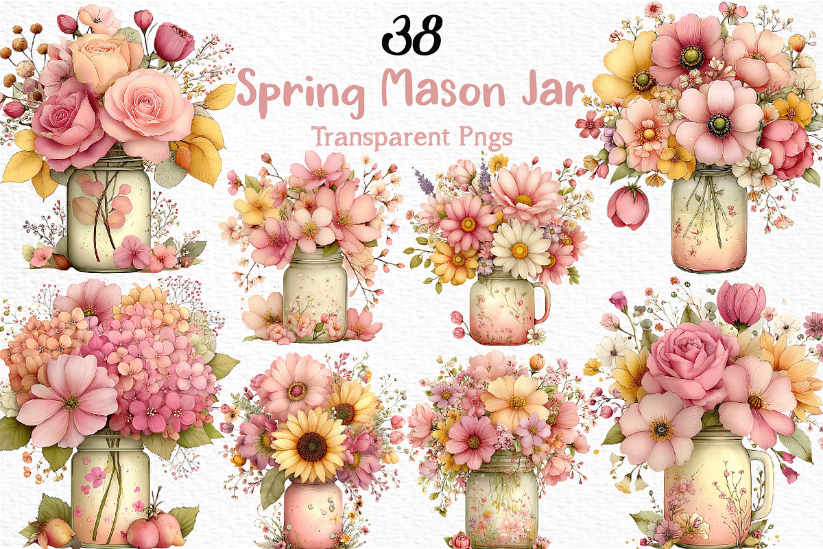 Watercolor Spring Mason Jar Clipart, an Illustration by Craft Nest (Photo 1 of 12)