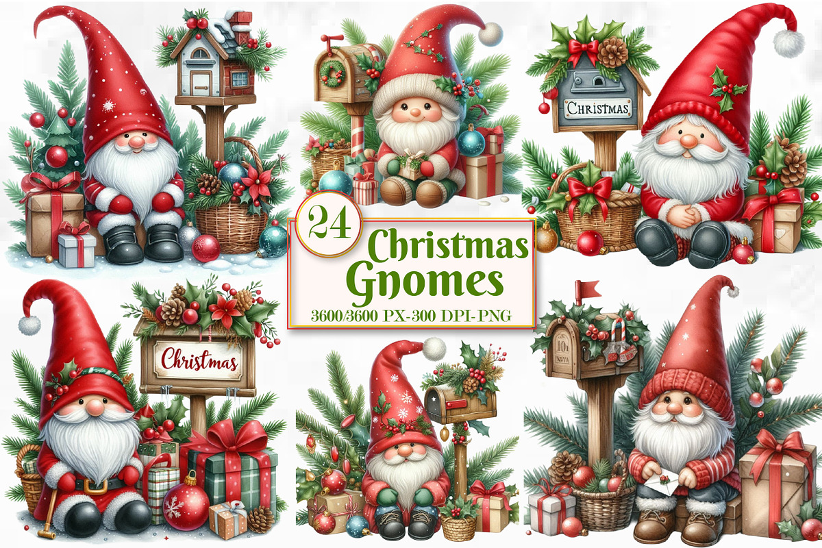 Christmas Gnomes Watercolor Clipart, a Seasonal Illustration by Craft Nest (Photo 1 of 5)