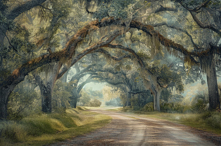 A peaceful dirt road meanders throug, a Photo by Tanuart