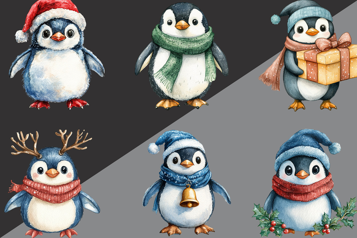 Christmas Penguin Watercolor Clipart, an Illustration by Black Bird Studio (Photo 2 of 6)