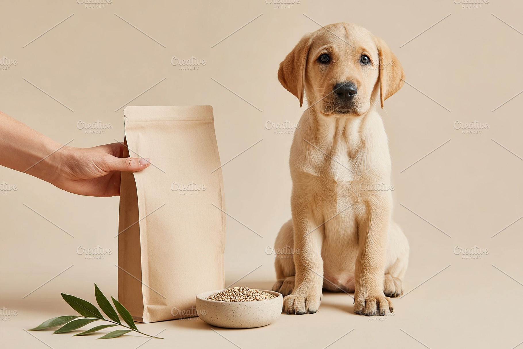 Cute well-groomed Labrador puppy sitting next to food package and bowl in brigh, an Animal Photo by AlyaAnd