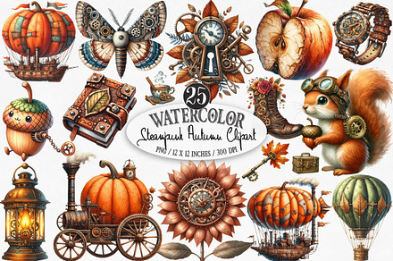 Watercolor Steampunk Autumn Clipart