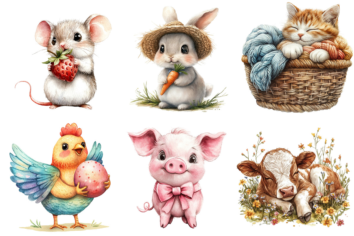 Cute Farm Animals Watercolor Clipart, an Illustration by Watercolor design (Photo 3 of 4)