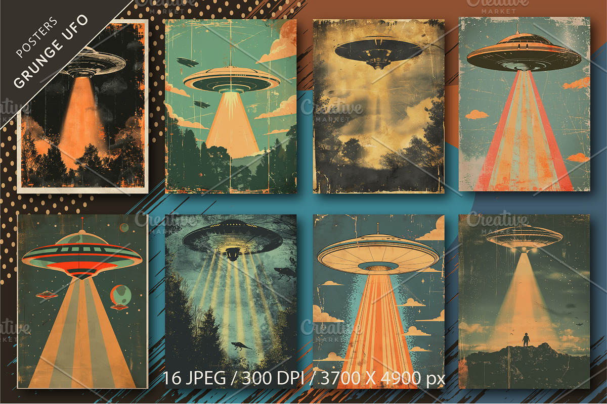 Grunge UFO posters. Retro Art., a Decorative Illustration by KENO Mascots (Photo 2 of 5)