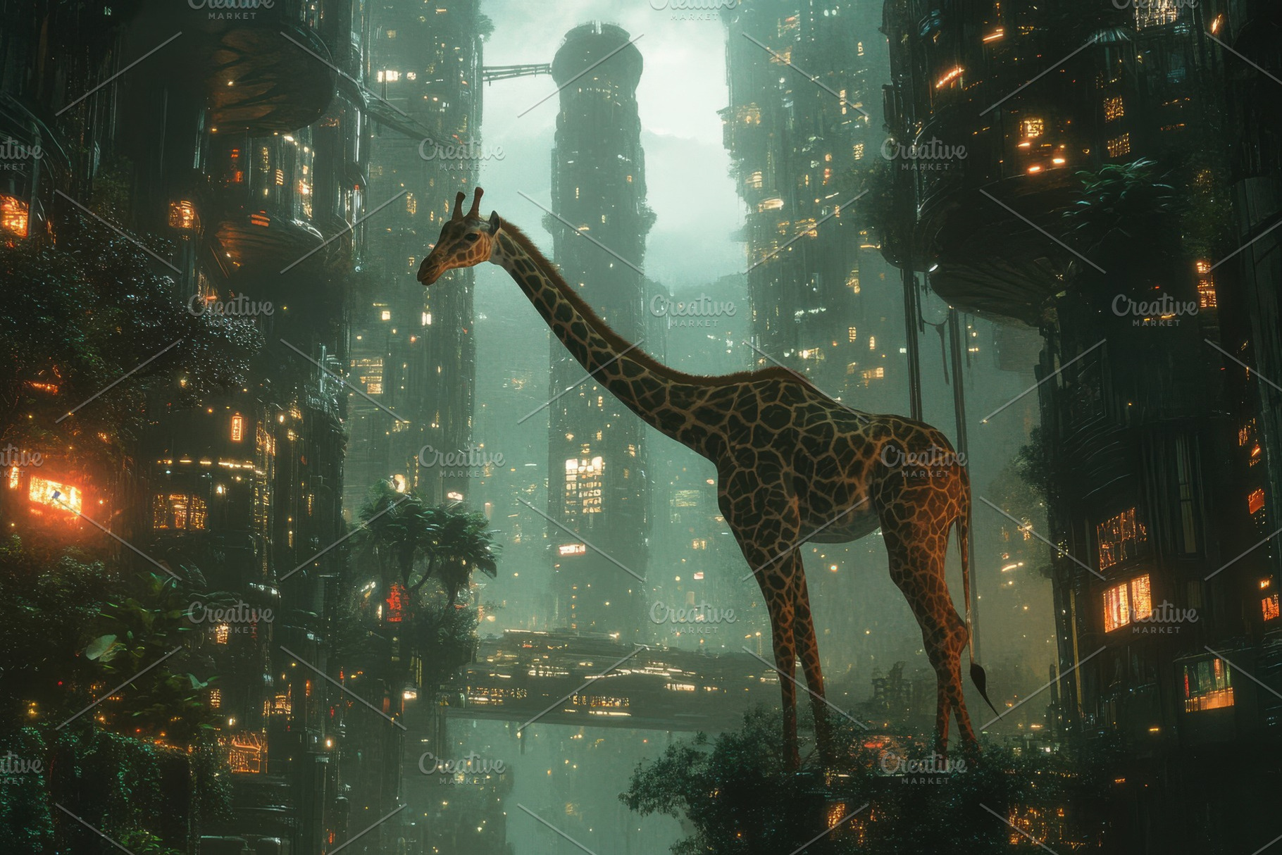 Giraffe in Futuristic Cityscape Jung, an Animal Photo by Pixeness Studio