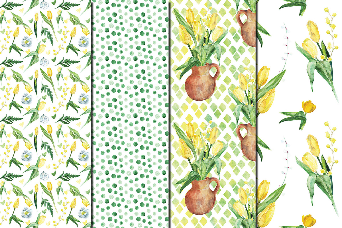 Watercolor Yellow tulips patterns, a Pattern Graphic by DollyPotterson (Photo 3 of 6)