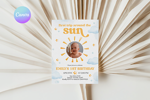 Sunshine First Birthday Photo Invite, a Templates & Theme by VeliusCreativeStudio