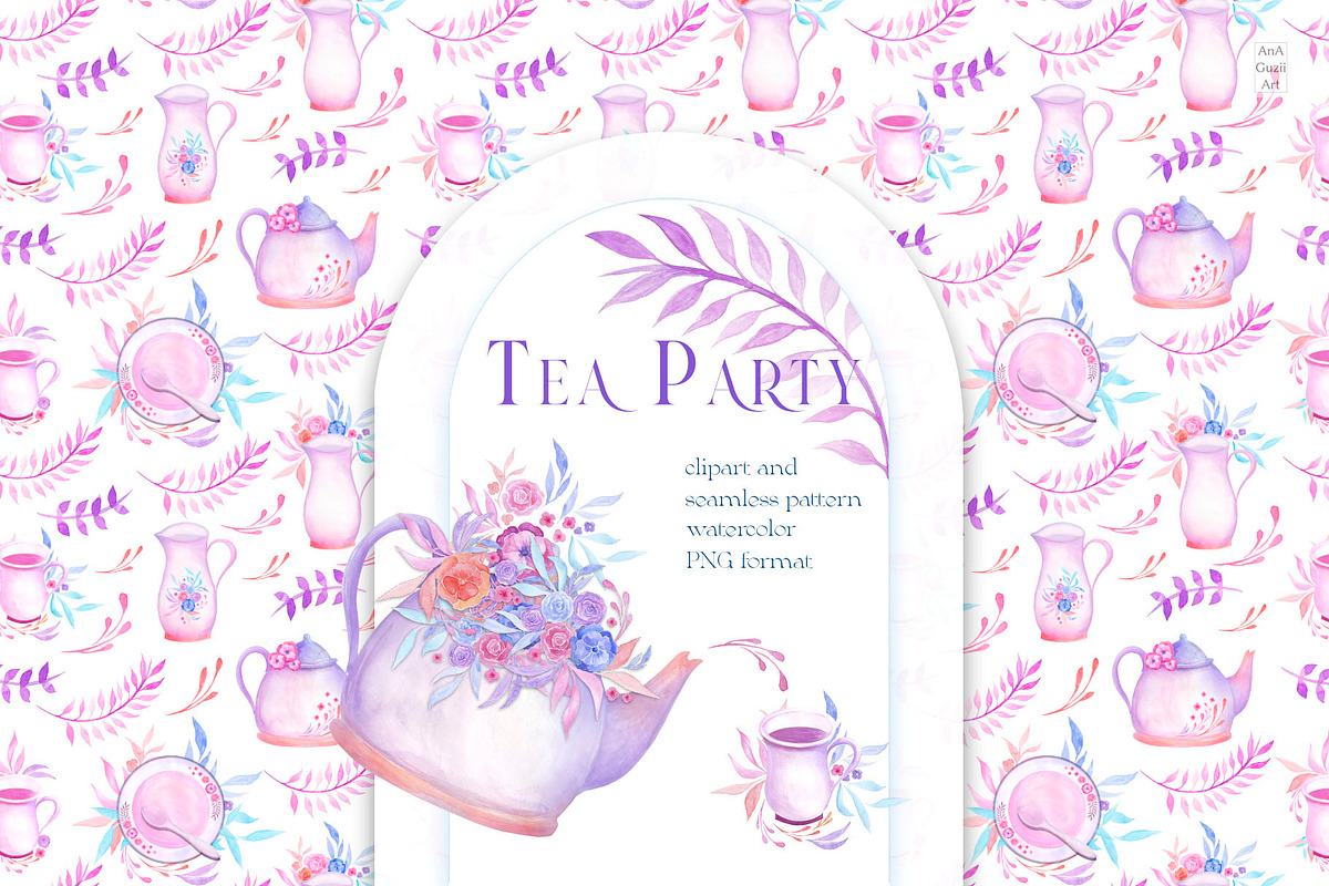 Watercolor Tea Party Clip Art, an Illustration by AnaGuziiArt (Photo 1 of 7)