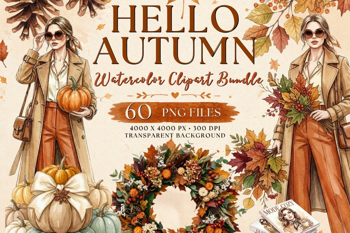 Hello Autumn Watercolor Clipart, a Seasonal Illustration by Tanya Kart (Photo 1 of 17)