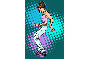 Girl In Jeans. Woman Disco Dance