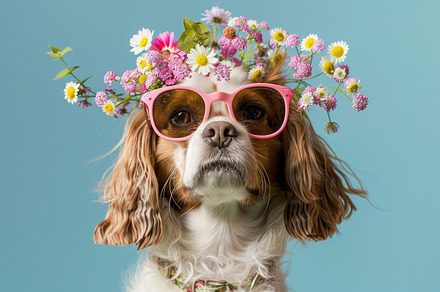 Fashion-Forward Pooch Poses with Floral Flair and Shades - Generative AI, an Animal Photo by José Manuel Gelpi