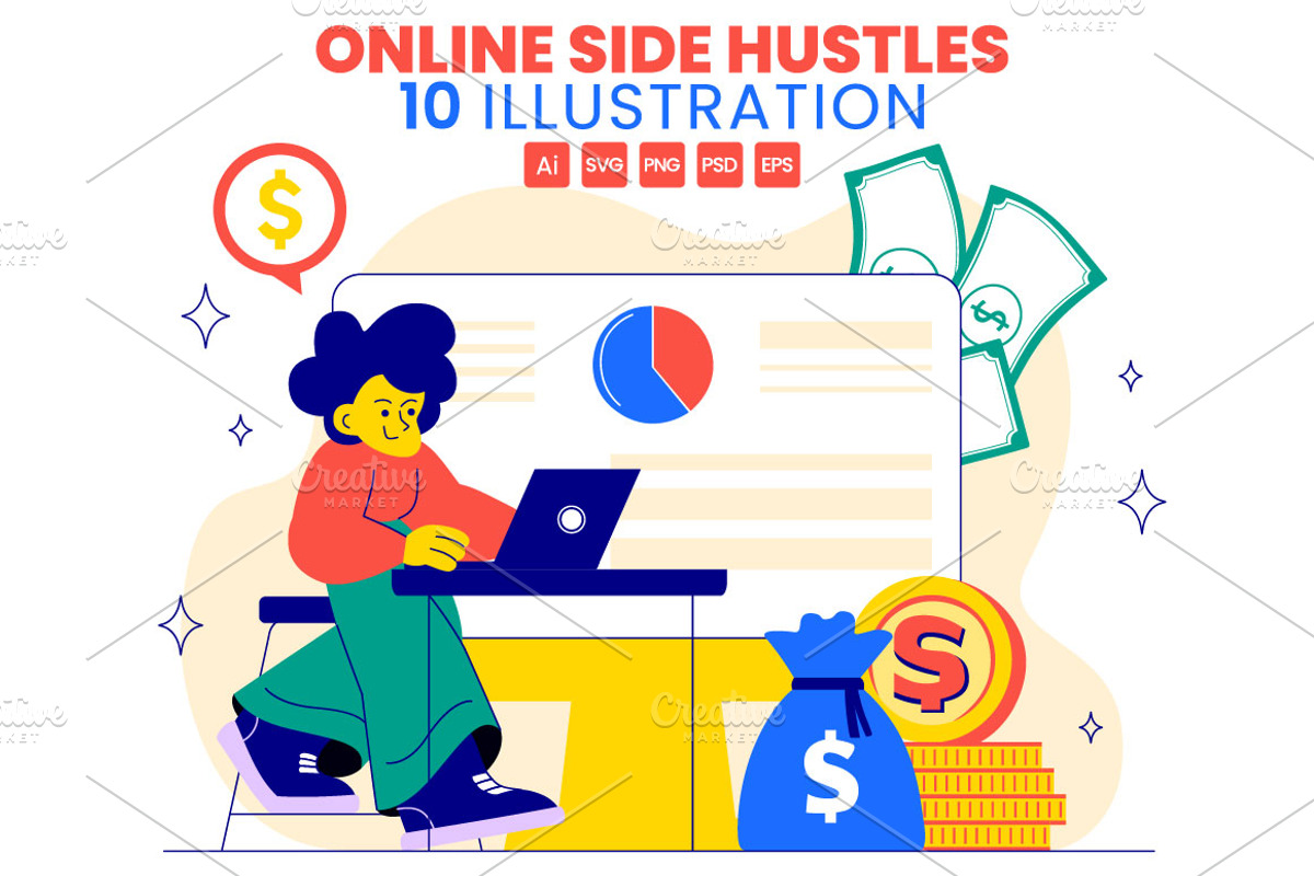 10 Online Side Hustles Illustration, a Finance Illustration by denayunebgt (Photo 1 of 4)