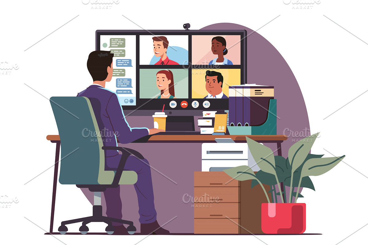 Businessman talking with team online, a Person Illustration by Iconicbestiary