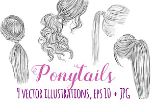 Ponytails line art hair styles set
