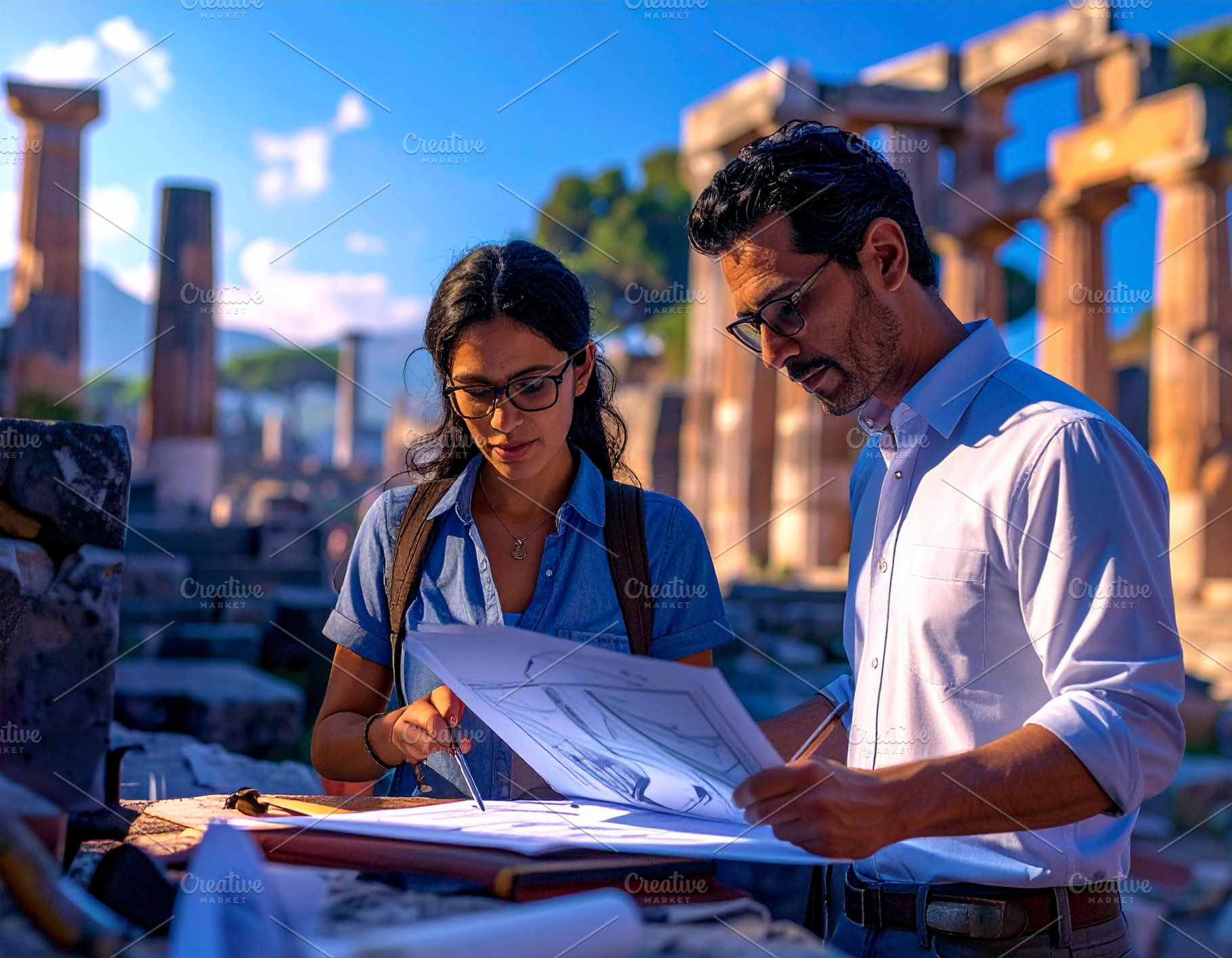 Architects inspecting historical ruins with restoration plans sh, an Industrial Photo by DanFLCreativo