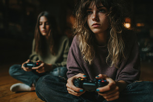 Teen girls playing video games toget, a Photo by Pixeness Studio