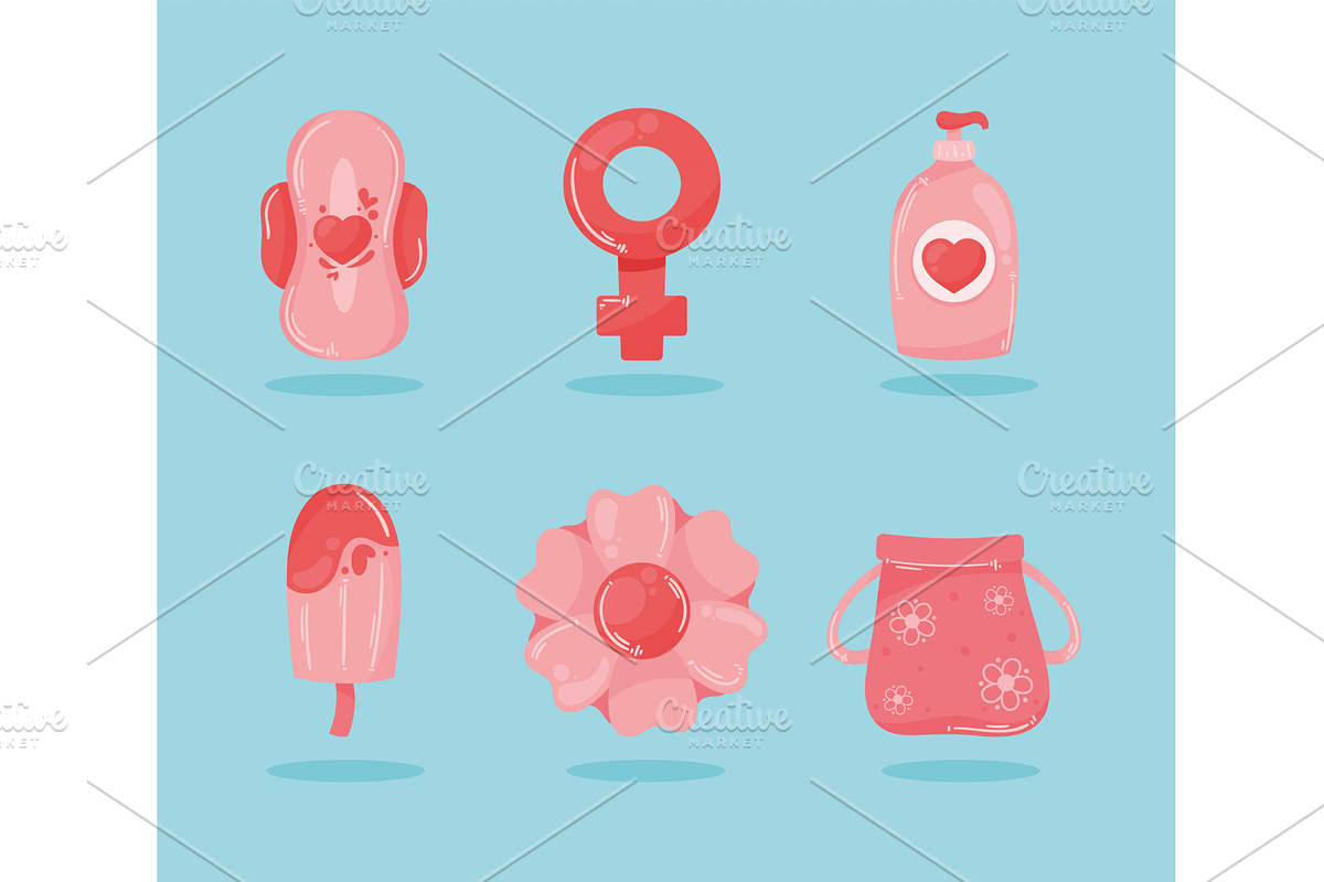 six female menstruation icons, a Healthcare Illustration by studiogstock