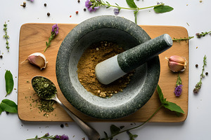 Mortar and Pestle with Herbs and Spi, a Food & Drink Photo by Stock Shape
