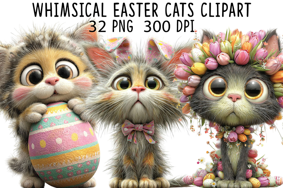 Whimsical Easter Cats Clipart, an Illustration by CraftArtStudio (Photo 1 of 6)