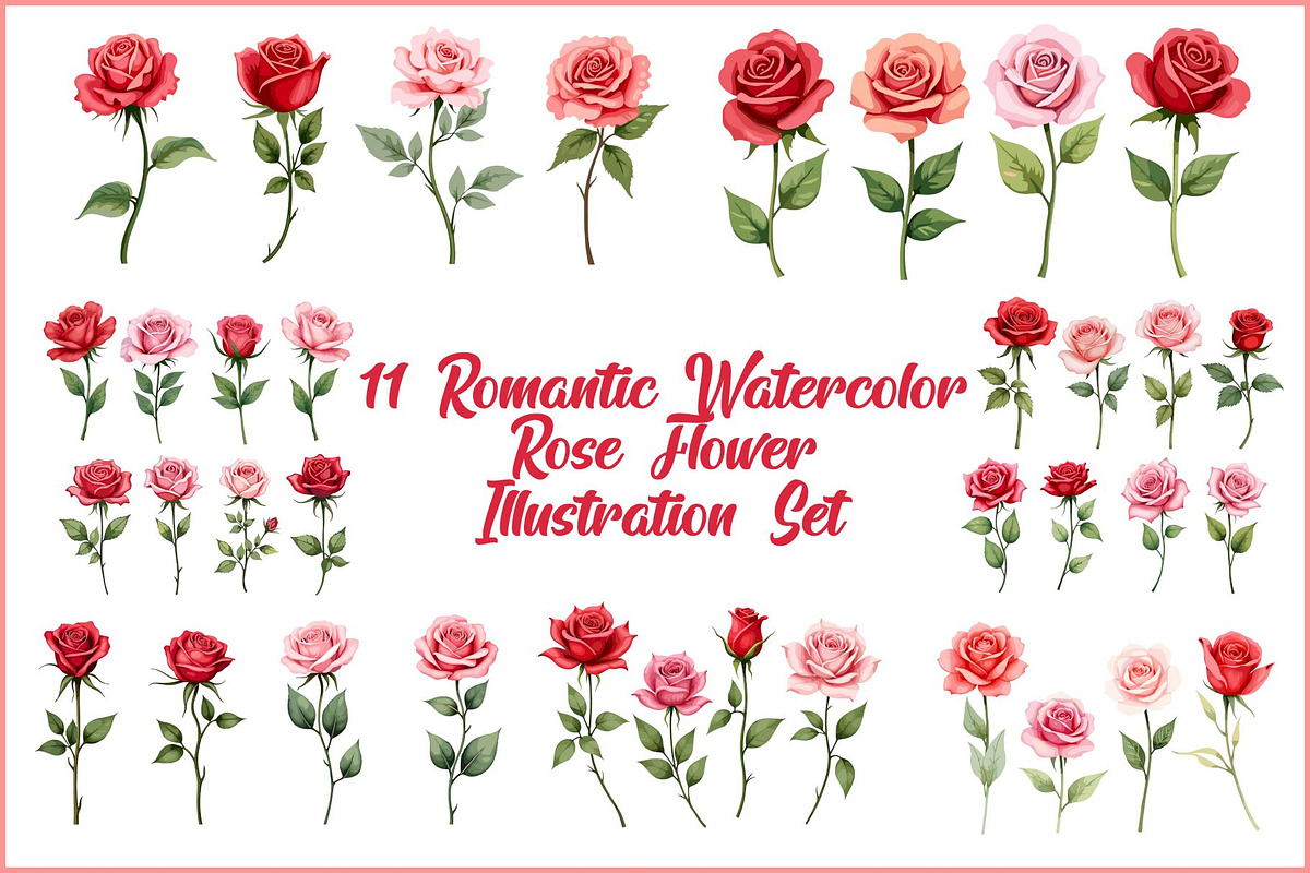 Romantic Watercolor Rose Clipart Set, an Illustration by hafijul (Photo 1 of 12)