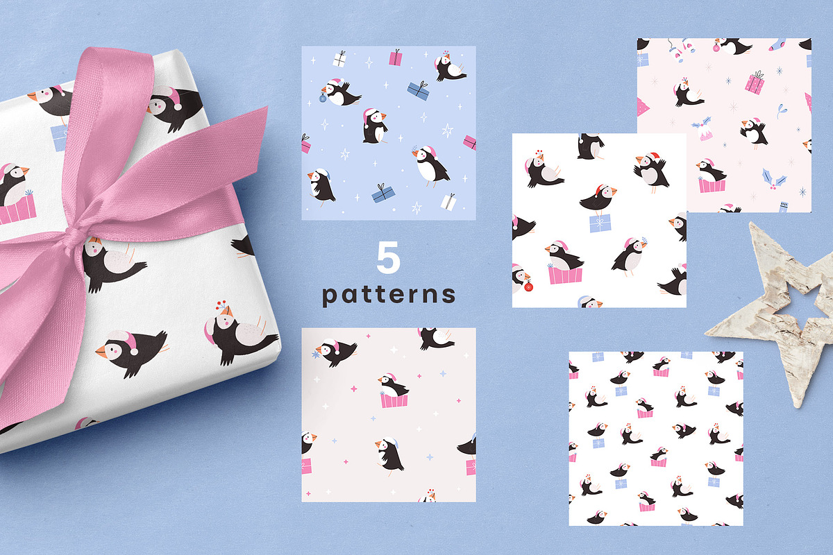 Christmas Puffins Clipart & Patterns, an Animal Illustration by danceyourlife (Photo 6 of 7)