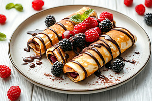 Delicious pancakes drizzled with melted chocolate and topped with fresh berries, a Food & Drink Photo by AlyaAnd
