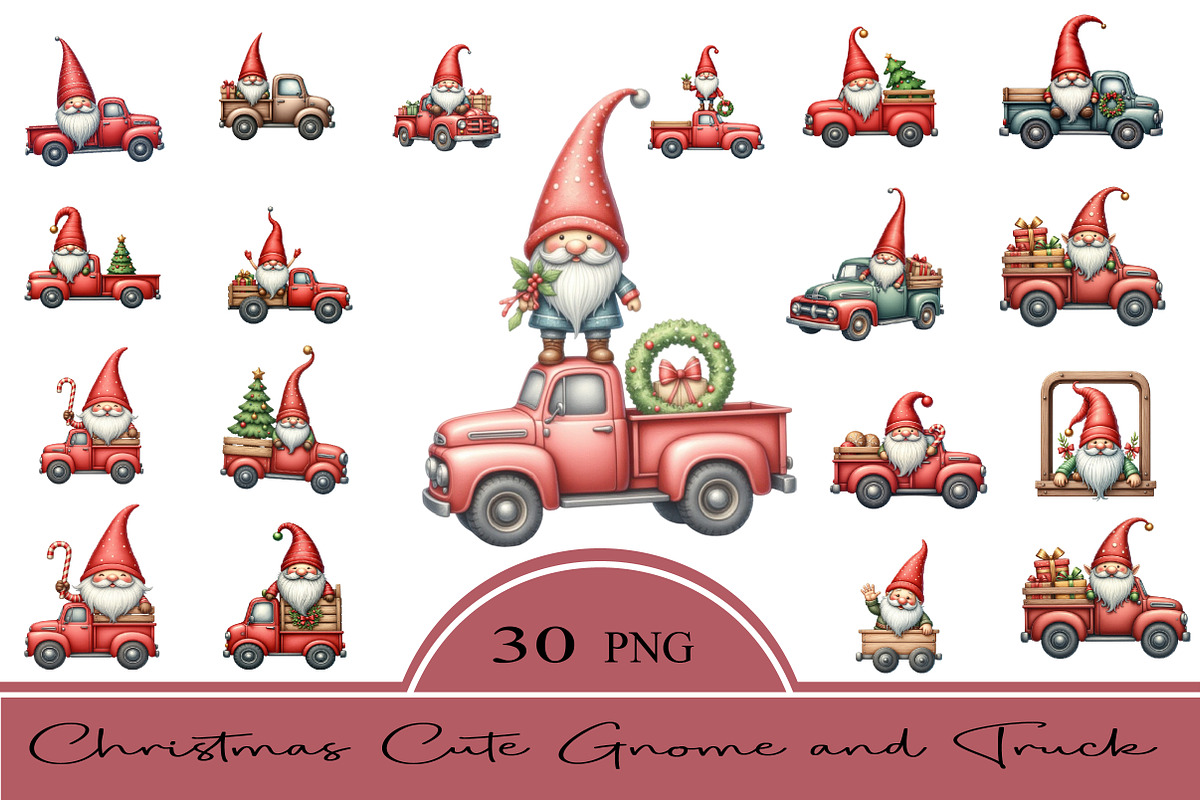 Christmas Cute Gnome and Truck Clipa, an Illustration by CrexoraLab (Photo 2 of 5)