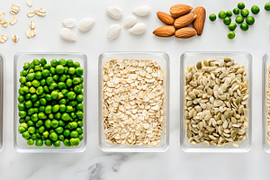 Healthy dry food ingredients in glass containers, a Food & Drink Photo by Photostock