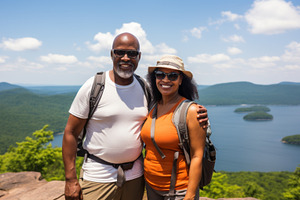 Mixed race couple hiking scenic moun, a Photo by Dvoevnore photos
