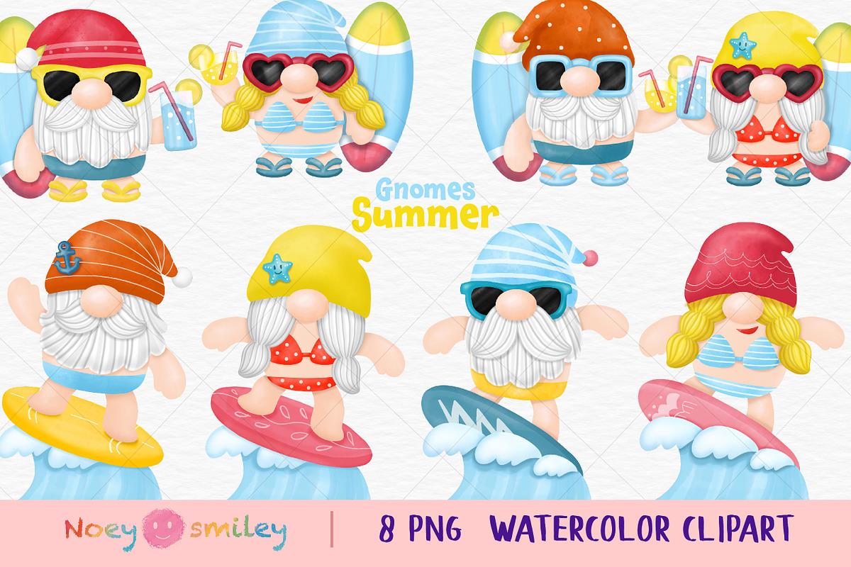 Watercolor Gnomes Surfboard Summer, an Illustration by Noey smiley (Photo 1 of 6)