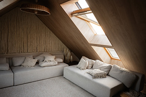 Cozy attic space with soft seating and natural lighting from skylights, a Photo by AS photostudio