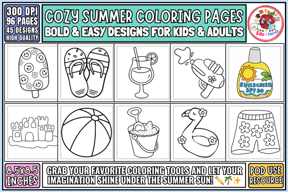 Cozy Summer Bold&Easy Coloring Pages, a Seasonal Illustration by EduEnrich (Photo 1 of 3)