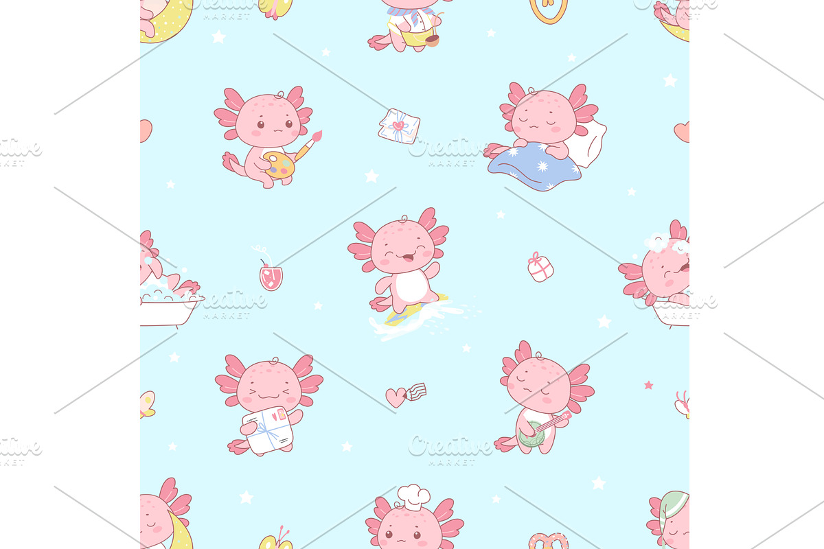 Axolotl seamless pattern. Decorative, an Animal Illustration by Valerie Bodnar