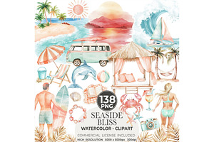 Watercolor Beach Day Clipart, an Illustration by CharmClipart