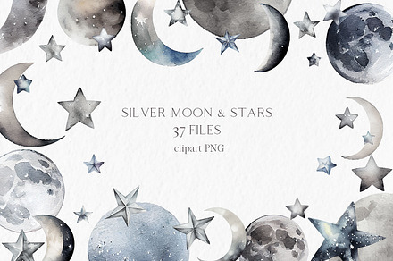 Silver stars and moon Clipart, an Object Graphic by MyLittleMeow