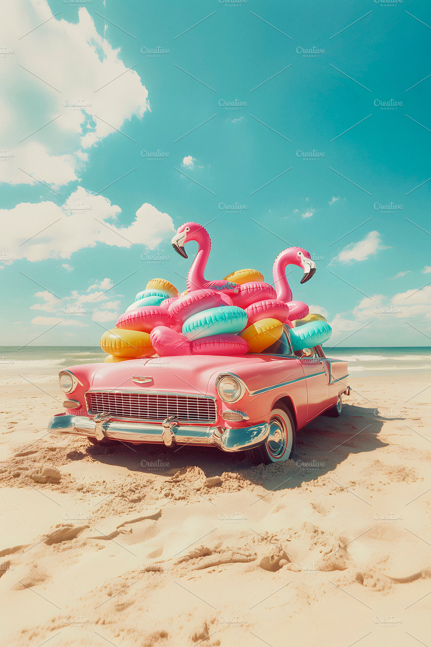 car full of floaties on the beach, generative AI, a Photo by Nito