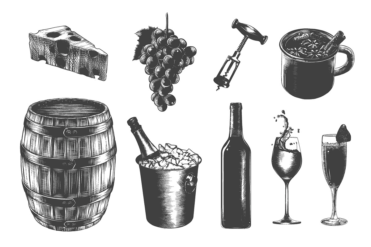 Wine hand drawn sketches set, a Food Illustration by Akimo Mia (Photo 5 of 7)