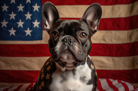 Beautiful dog with american flag on background. Generative AI, an Animal Photo by AlyaAnd