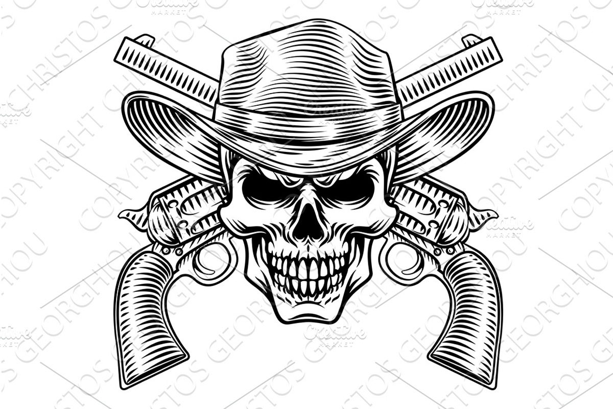 Cowboy Hat Skull and Crossed Gun, an Illustration by Christos Georghiou