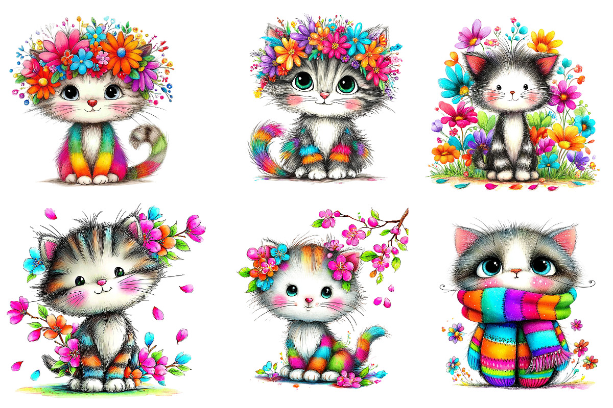 Whimsical Spring Cats Clipart, an Illustration by CreationArt (Photo 7 of 7)