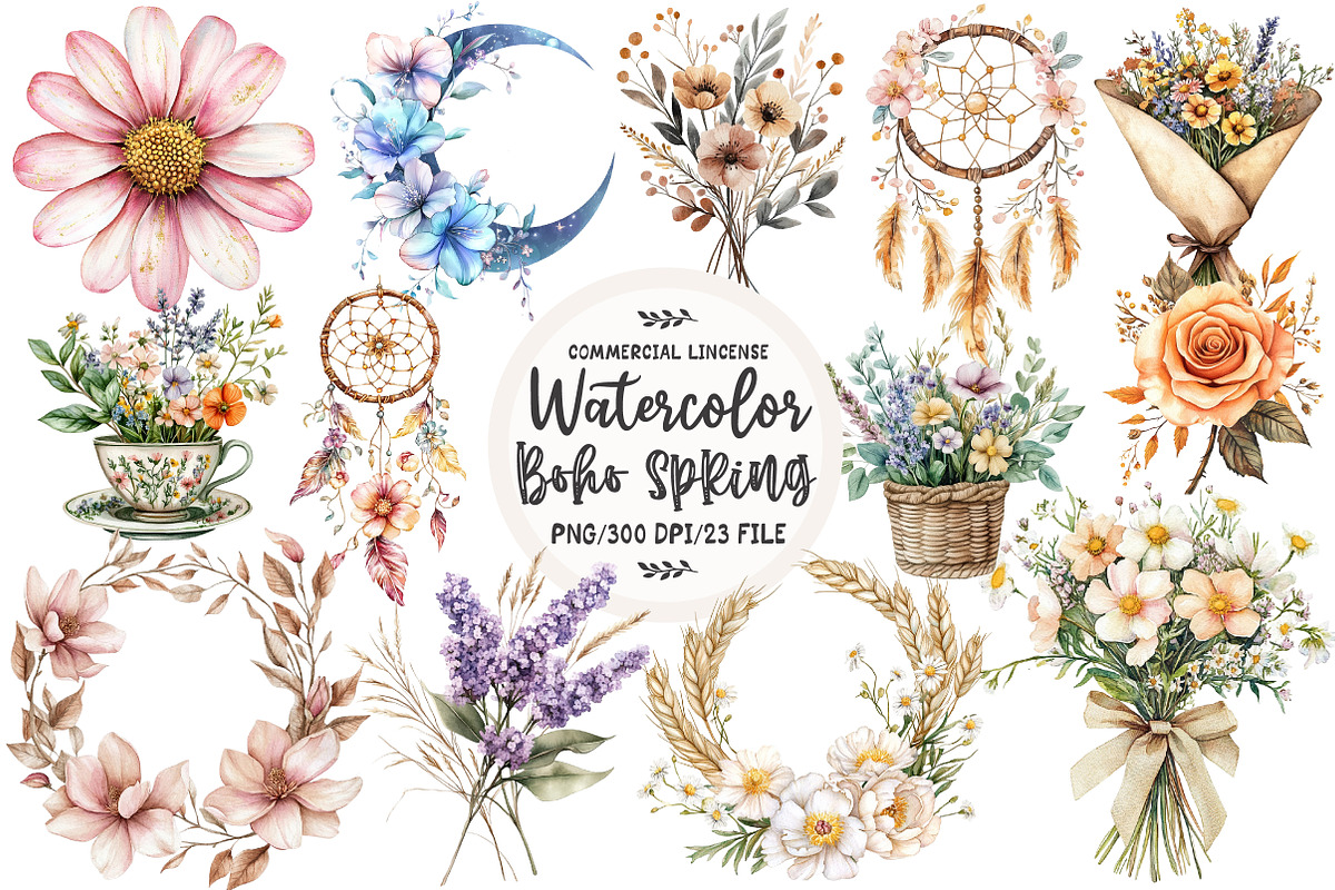 Boho Floral Spring Clipart, an Illustration by OK Design (Photo 1 of 4)