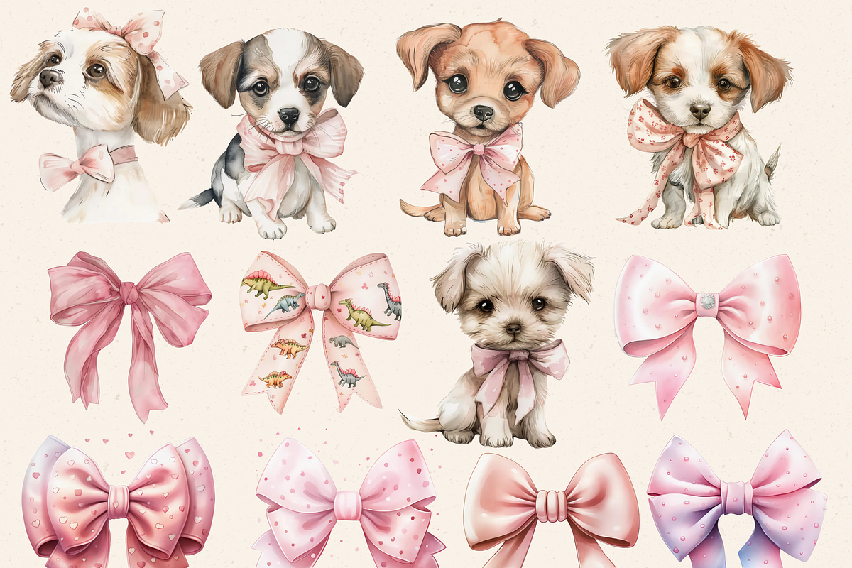 PINK COQUETTE BOWS AND DOGS CLIPART, an Animal Illustration by Daring Digies (Photo 2 of 7)