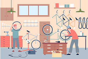 Bicycle repair service scene, an Illustration by LadadikArt