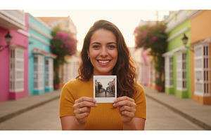 Smiling woman holds a polaroid that, a Background Photo by Igor Tichonow