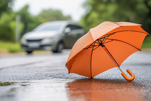 Orange umbrella on a wet road, a Transportation Photo by MistyDay