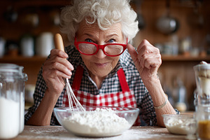 Smiling senior woman baking, a Food & Drink Photo by MistyDay